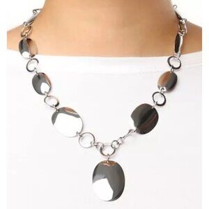 Silver Tone Disc & Open Link Chain Very Shiny Adjustable Necklace